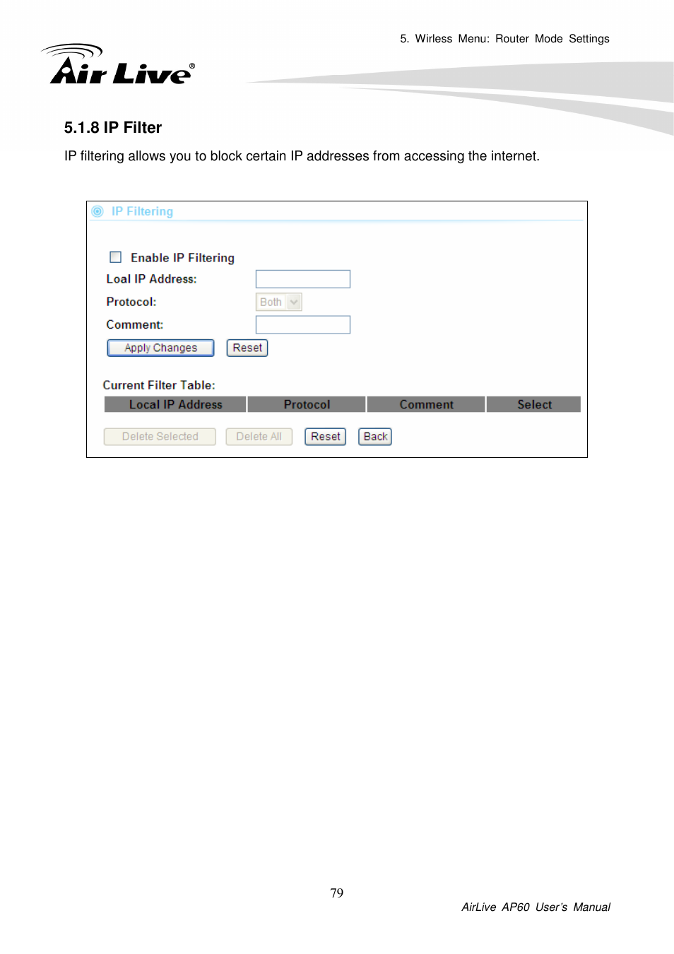 8 ip filter, 9 routing | AirLive AP60 User Manual | Page 59 / 101