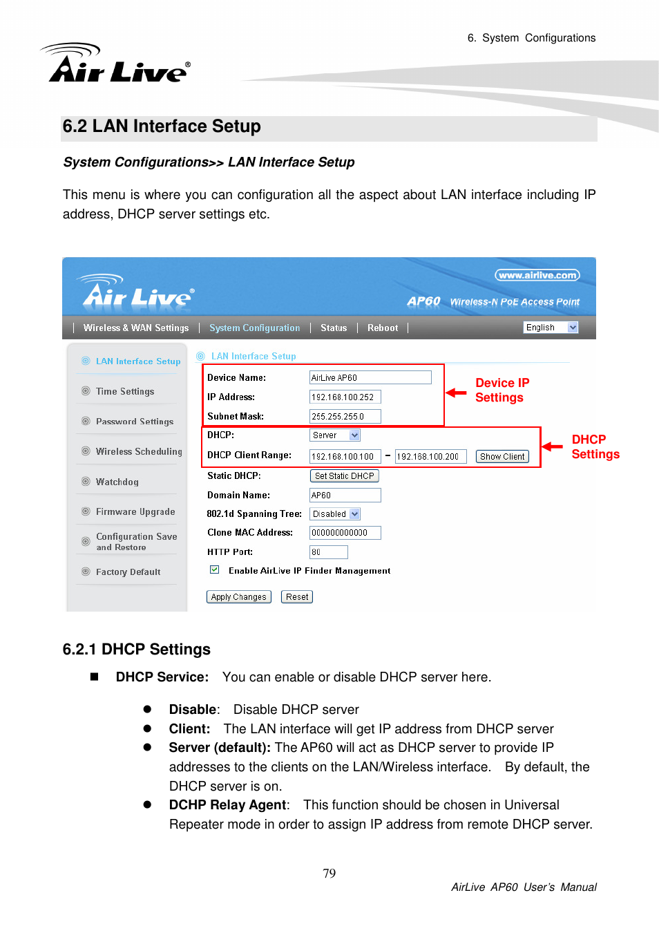 2 lan interface setup, 1 dhcp settings | AirLive AP60 User Manual | Page 63 / 101