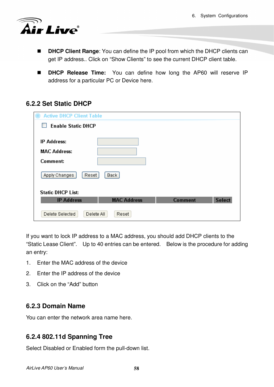 2 set static dhcp, 3 domain name, 4 802.11d spanning tree | AirLive AP60 User Manual | Page 64 / 101