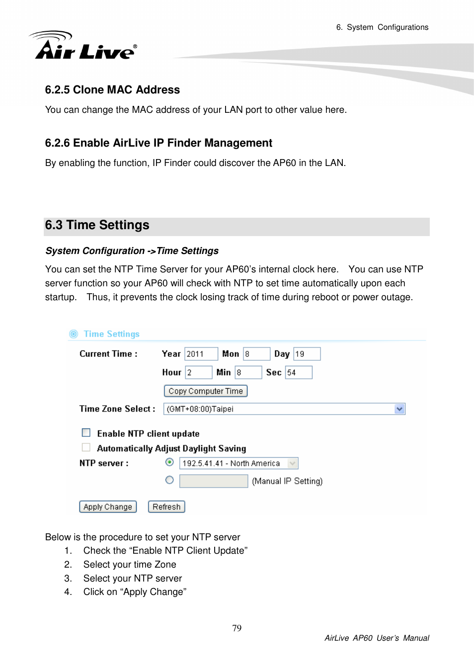 5 clone mac address, 6 enable airlive ip finder management, 3 time settings | AirLive AP60 User Manual | Page 65 / 101