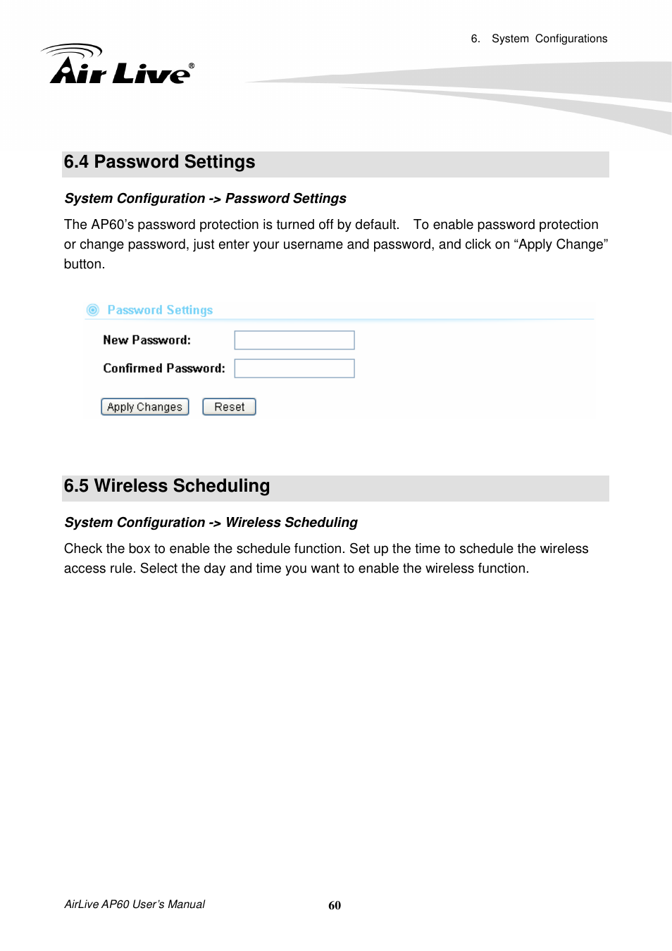 4 password settings, 5 wireless scheduling | AirLive AP60 User Manual | Page 66 / 101