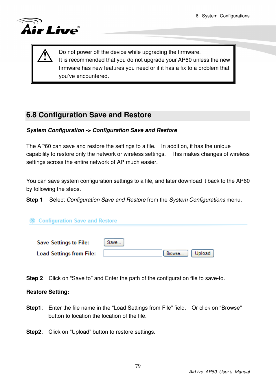 8 configuration save and restore | AirLive AP60 User Manual | Page 69 / 101