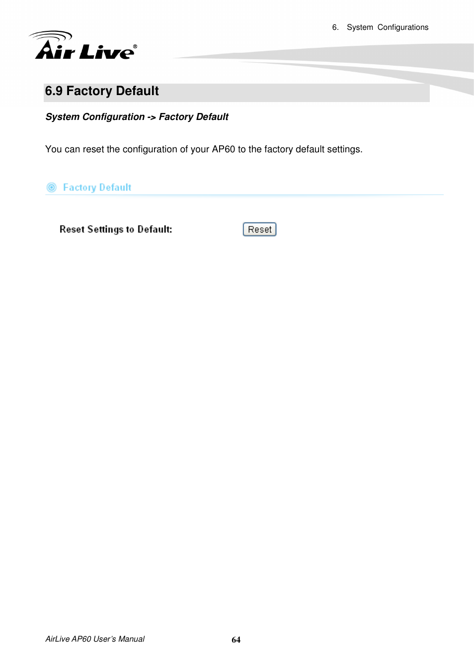 9 factory default | AirLive AP60 User Manual | Page 70 / 101