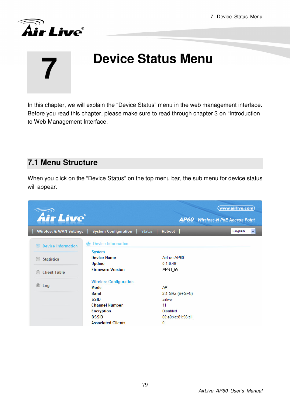 Device status menu, 1 menu structure | AirLive AP60 User Manual | Page 71 / 101