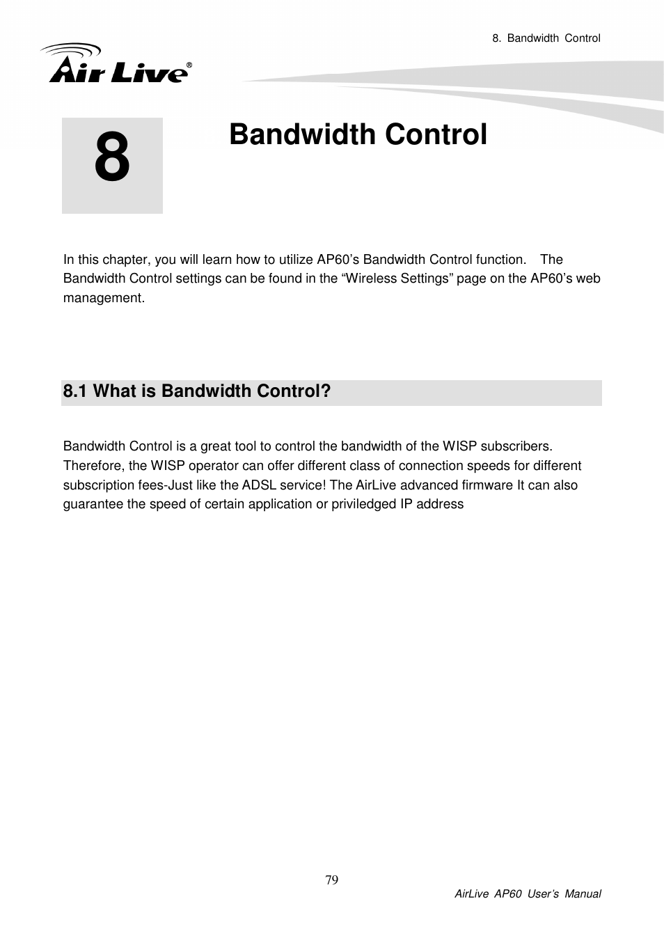 Bandwidth control, 1 what is bandwidth control | AirLive AP60 User Manual | Page 75 / 101