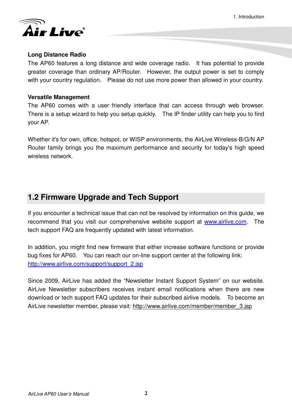 2 firmware upgrade and tech support | AirLive AP60 User Manual | Page 8 / 101