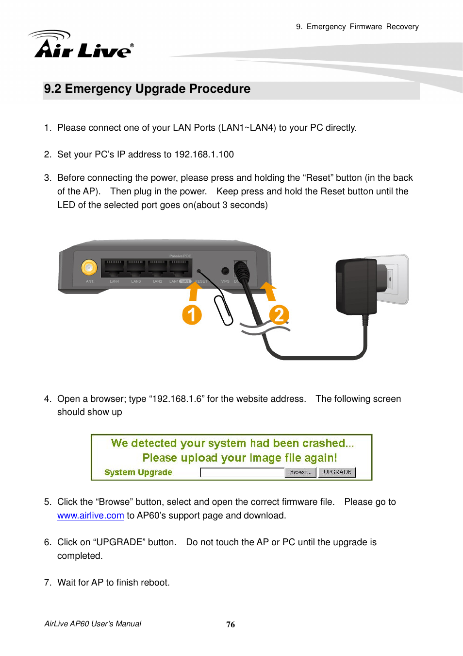 2 emergency upgrade procedure | AirLive AP60 User Manual | Page 82 / 101