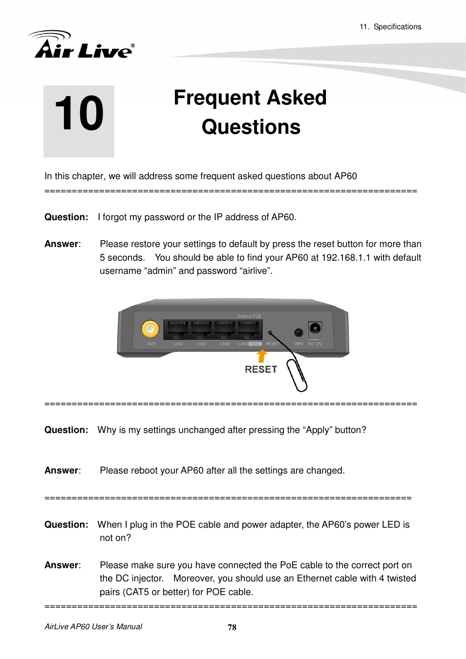 Frequent askedquestions, Frequent asked questions | AirLive AP60 User Manual | Page 84 / 101