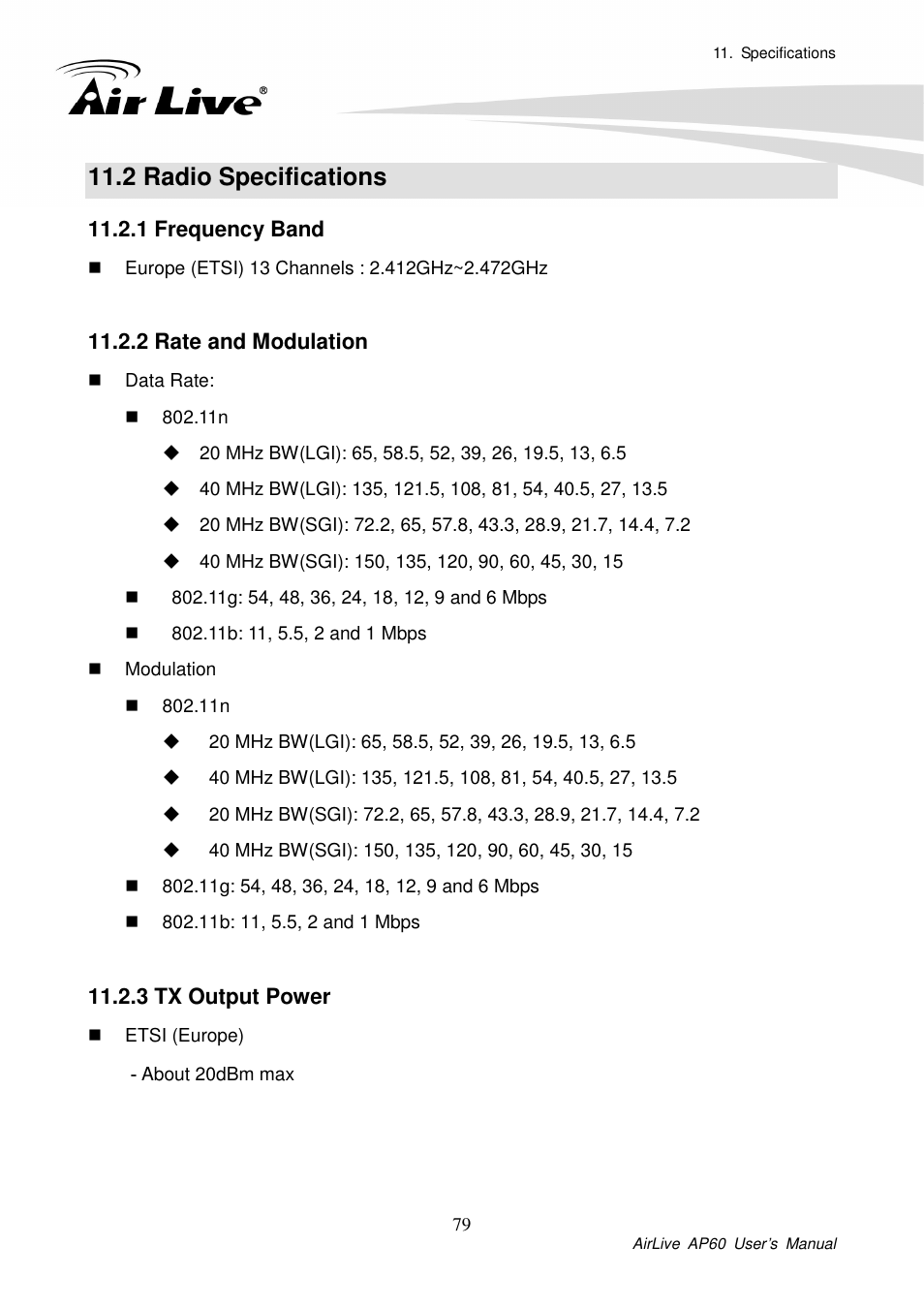 2 radio specifications, 1 frequency band, 2 rate and modulation | 3 tx output power, 4 supported wlan mode | AirLive AP60 User Manual | Page 87 / 101