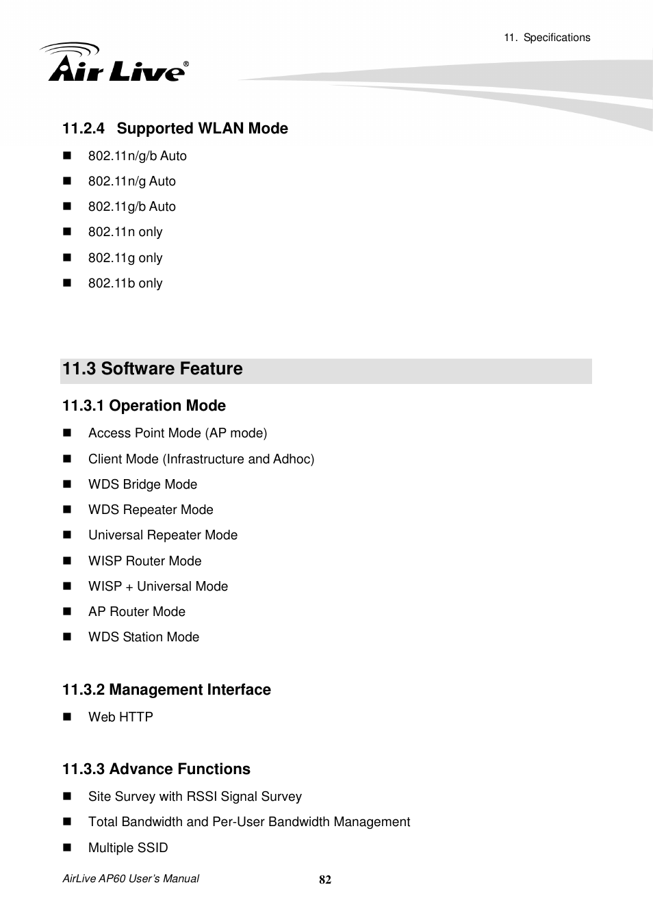 4 supported wlan mode, 3 software feature, 1 operation mode | 2 management interface, 3 advance functions | AirLive AP60 User Manual | Page 88 / 101