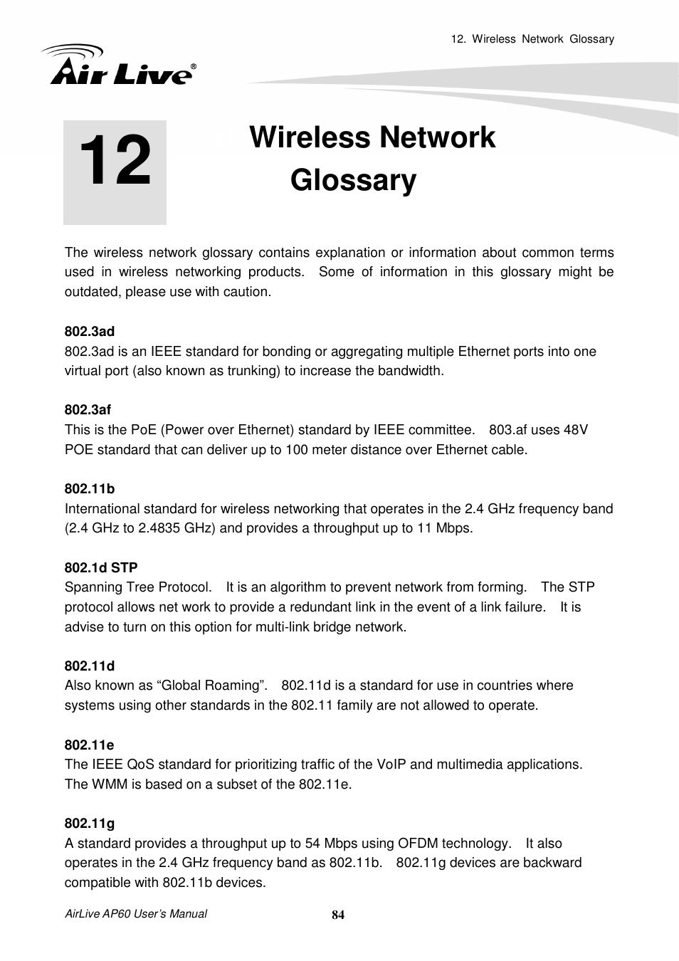 Wireless networkglossary, Wireless network glossary | AirLive AP60 User Manual | Page 90 / 101