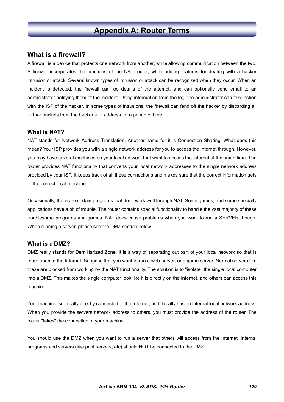 Appendix a: router terms, What is a firewall | AirLive ARM-104 v3 User Manual | Page 135 / 148