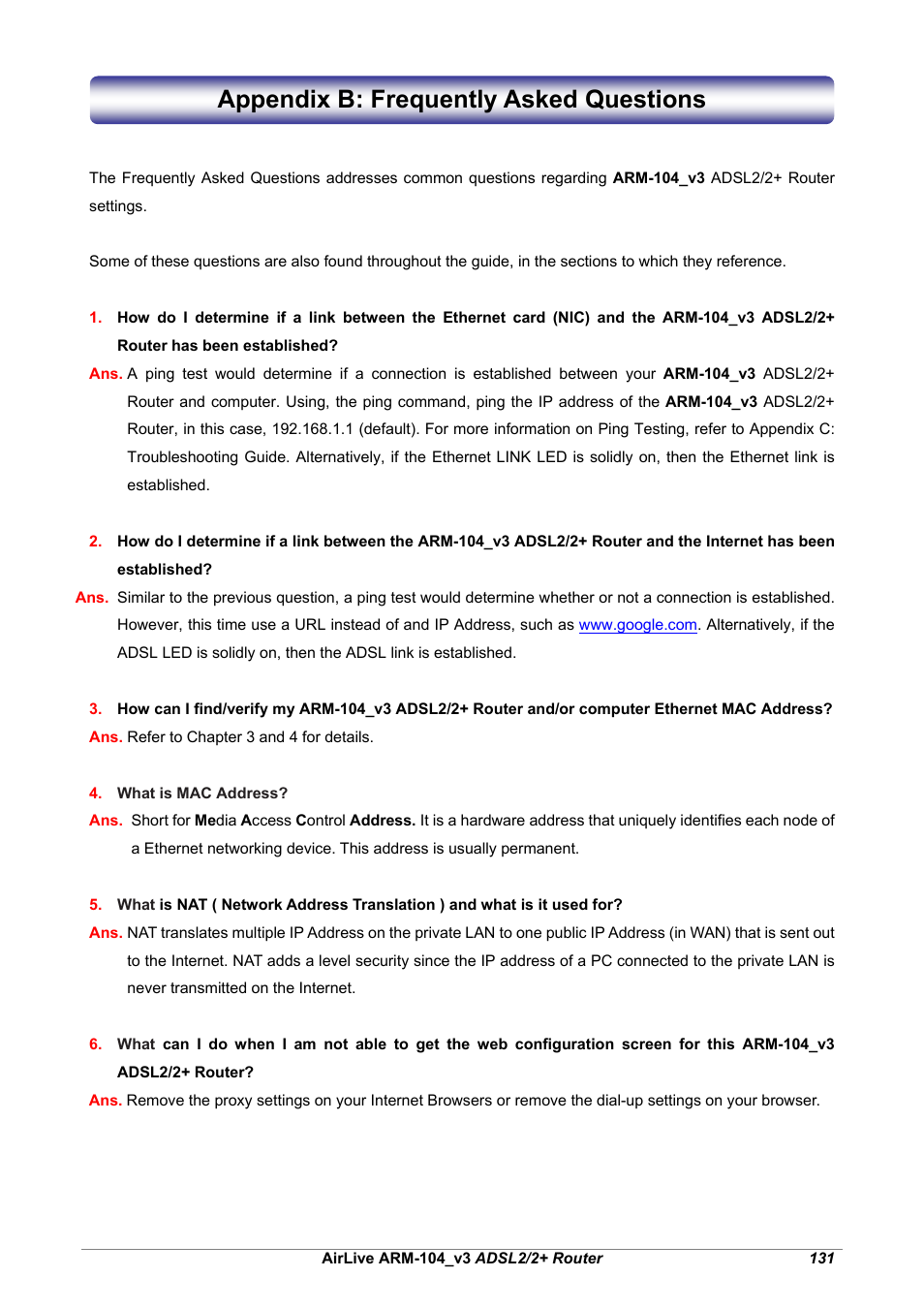 Appendix b: frequently asked questions | AirLive ARM-104 v3 User Manual | Page 137 / 148