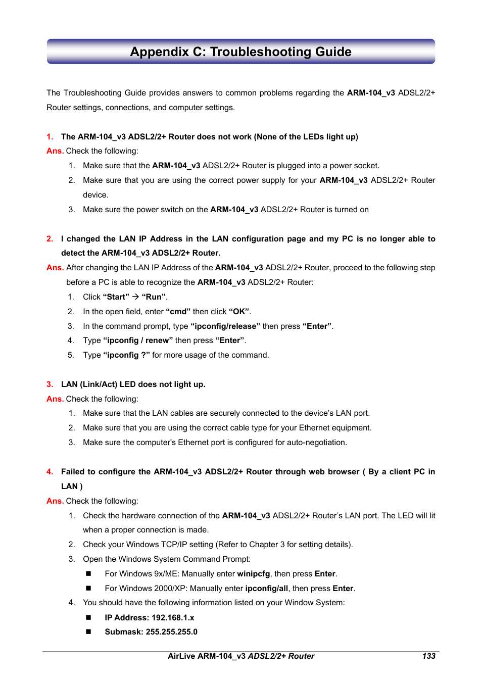 Appendix c: troubleshooting guide | AirLive ARM-104 v3 User Manual | Page 139 / 148