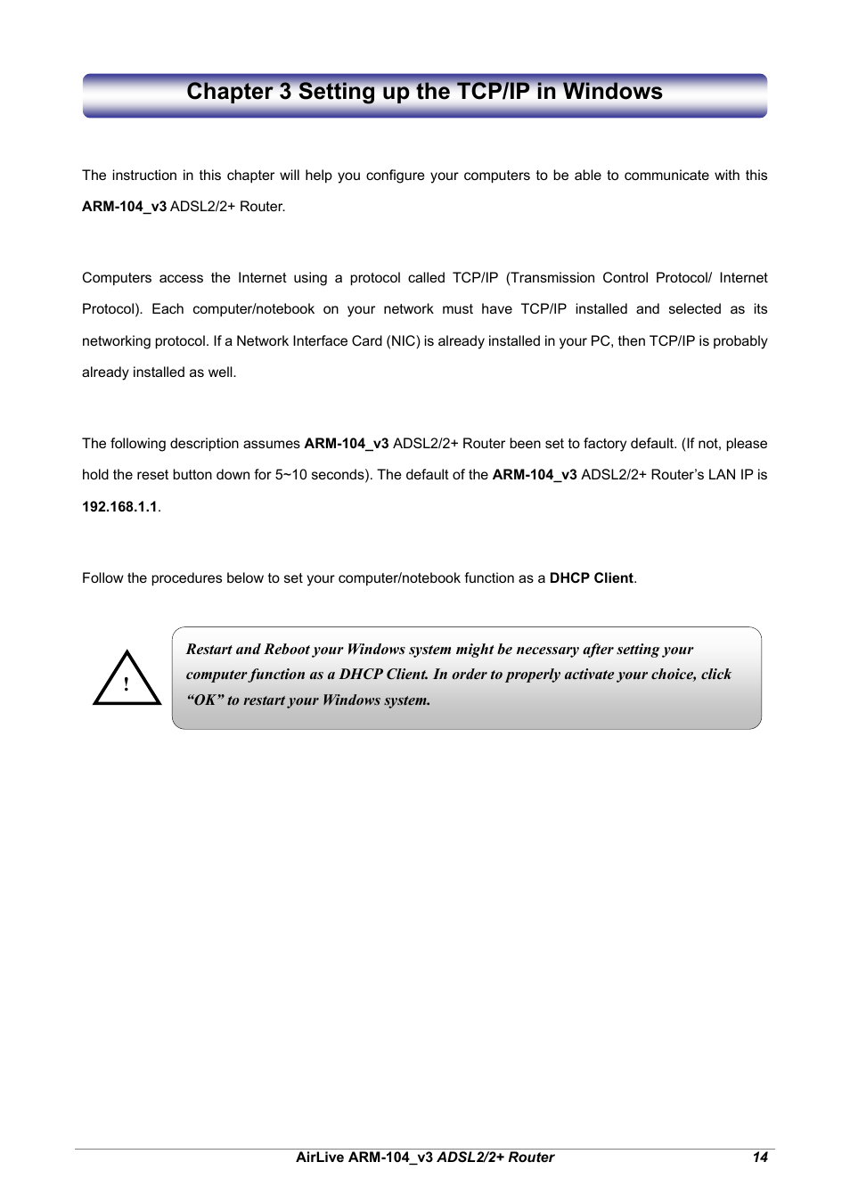 Chapter 3 setting up the tcp/ip in windows | AirLive ARM-104 v3 User Manual | Page 20 / 148