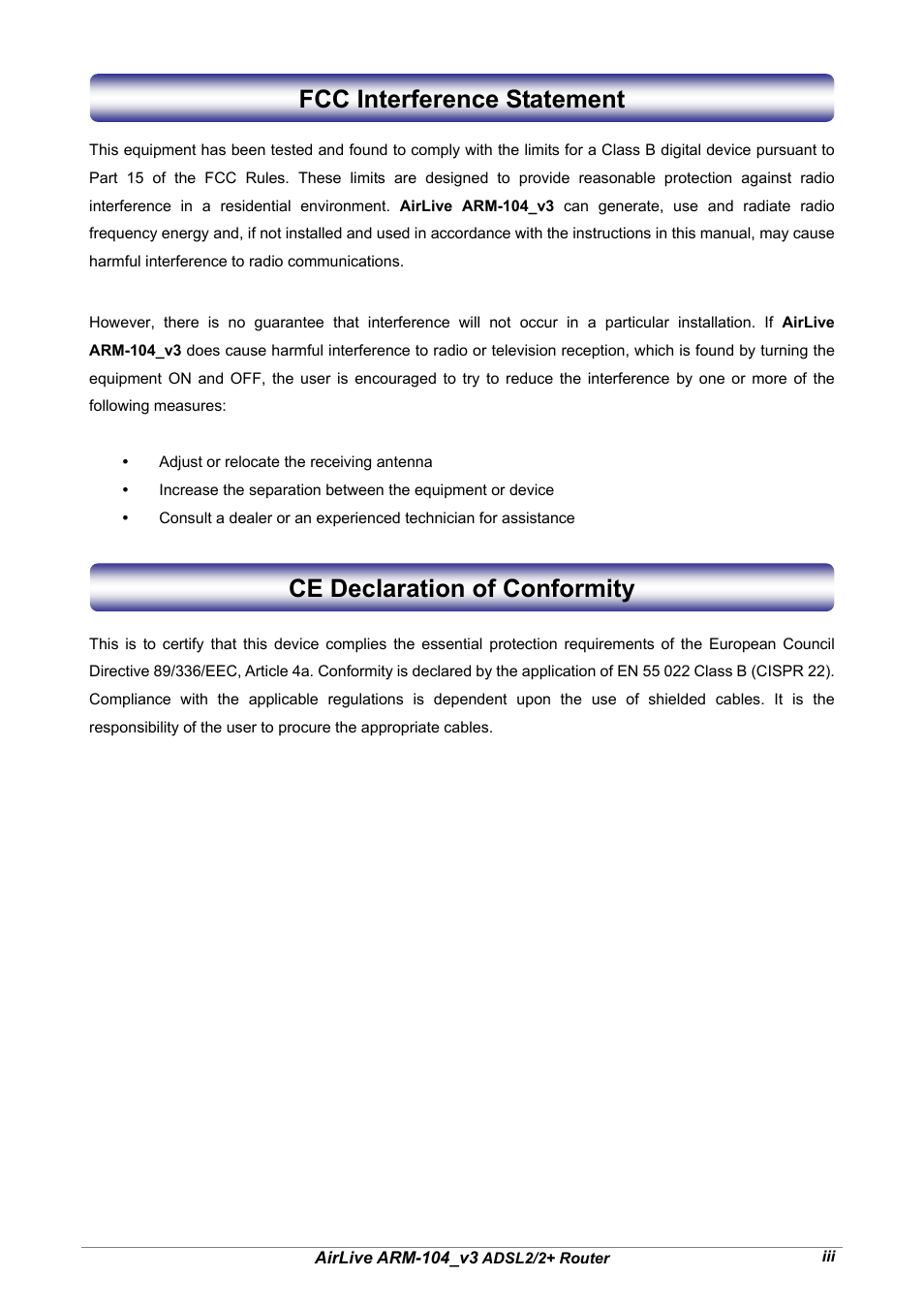 Fcc interference statement, Ce declaration of conformity | AirLive ARM-104 v3 User Manual | Page 3 / 148