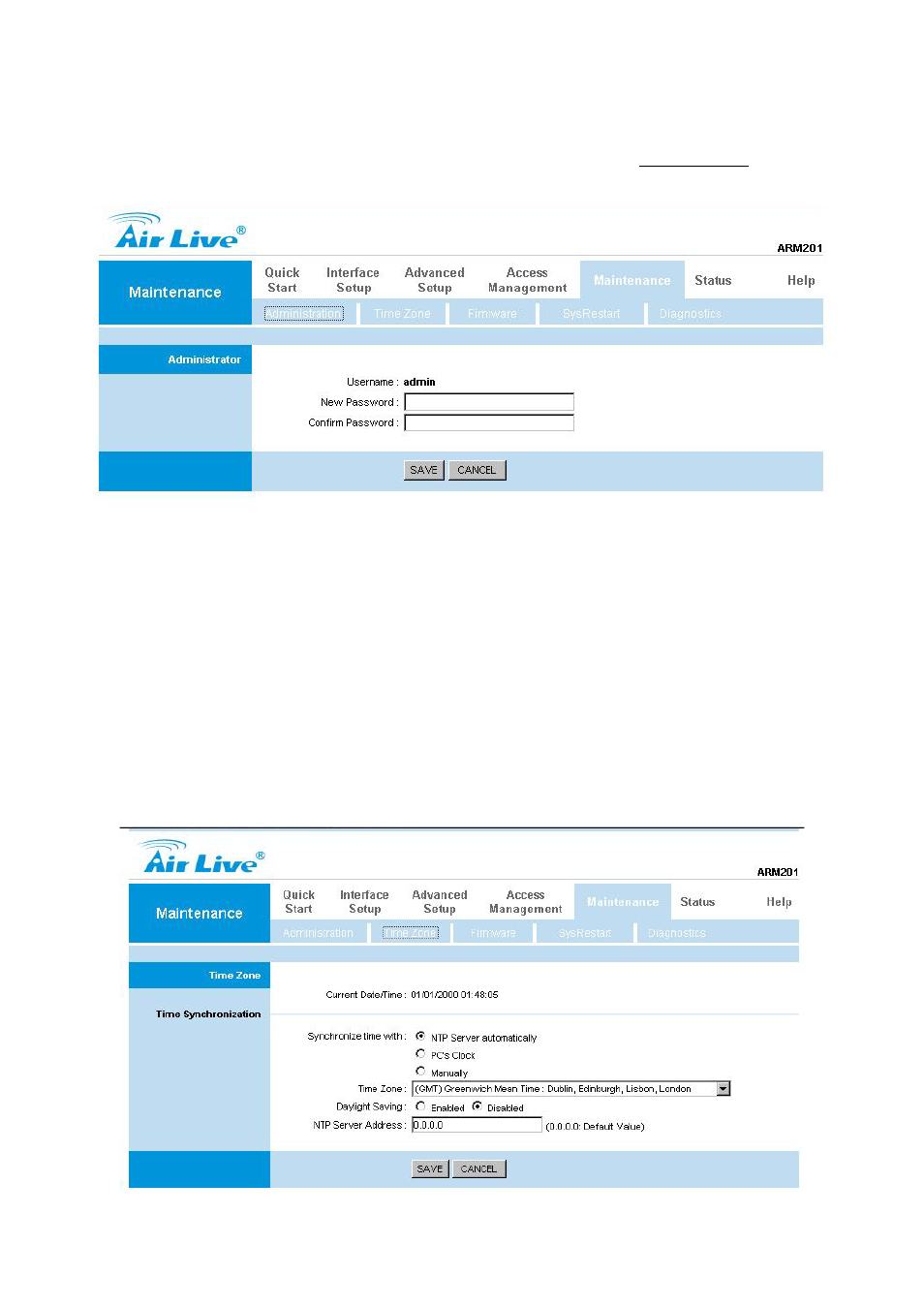 6 maintenance, 1 administration, 2 time zone | Aintenance, Maintenance | AirLive ARM-201E User Manual | Page 50 / 60