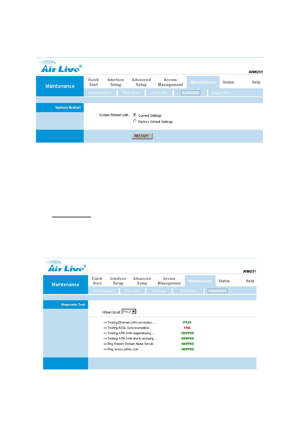 4 system restart, 5 diagnostic | AirLive ARM-201E User Manual | Page 52 / 60