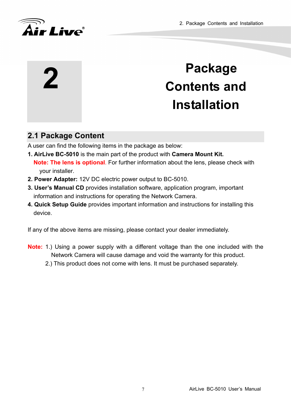 Package contents and installation, 1 package content | AirLive BC-5010 User Manual | Page 13 / 82