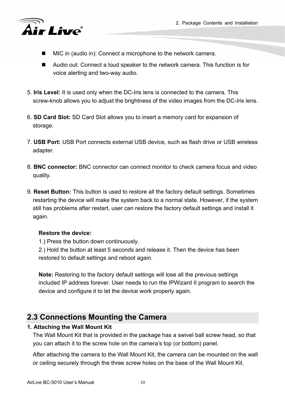 3 connections mounting the camera | AirLive BC-5010 User Manual | Page 16 / 82