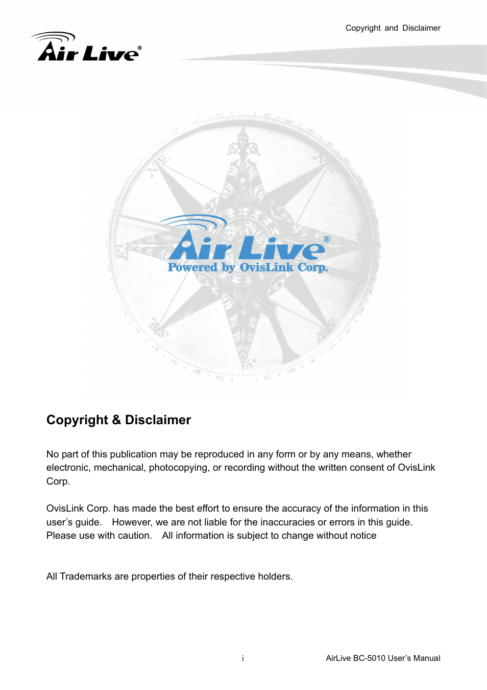 Copyright & disclaimer | AirLive BC-5010 User Manual | Page 2 / 82