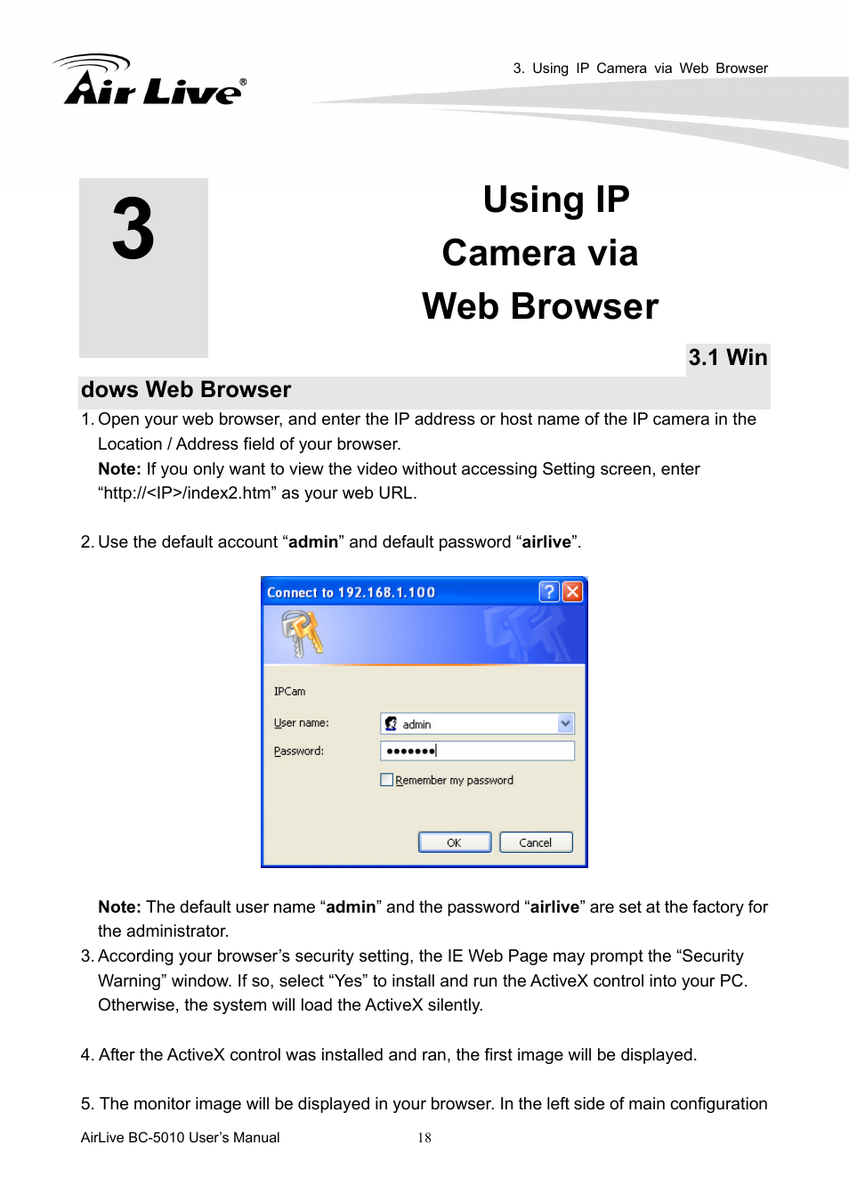 Using ip camera via web browser, 1 windows web browser | AirLive BC-5010 User Manual | Page 24 / 82