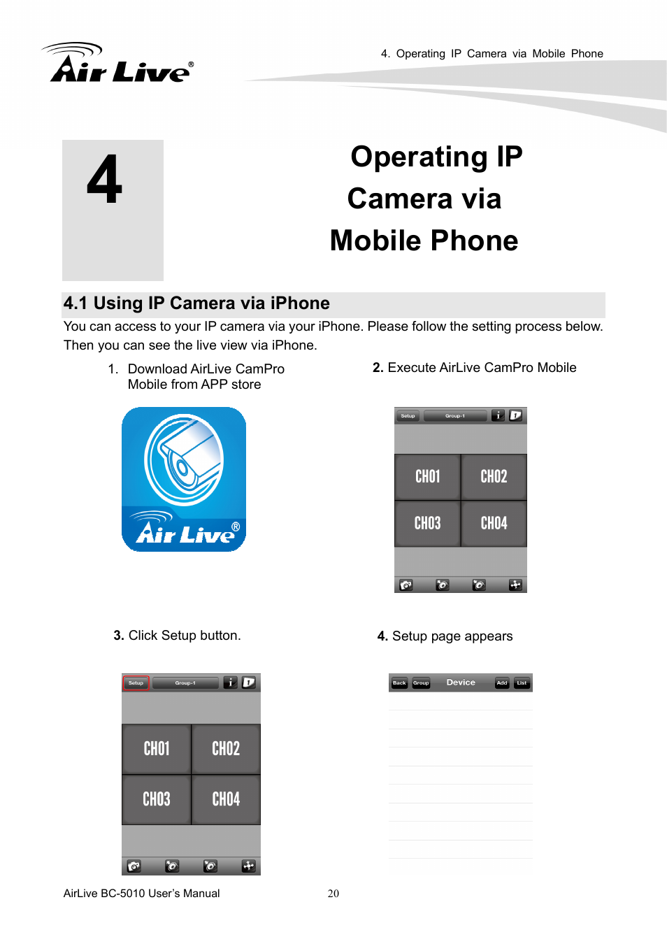 Operating ip camera via mobile phone, 1 using ip camera via iphone | AirLive BC-5010 User Manual | Page 26 / 82
