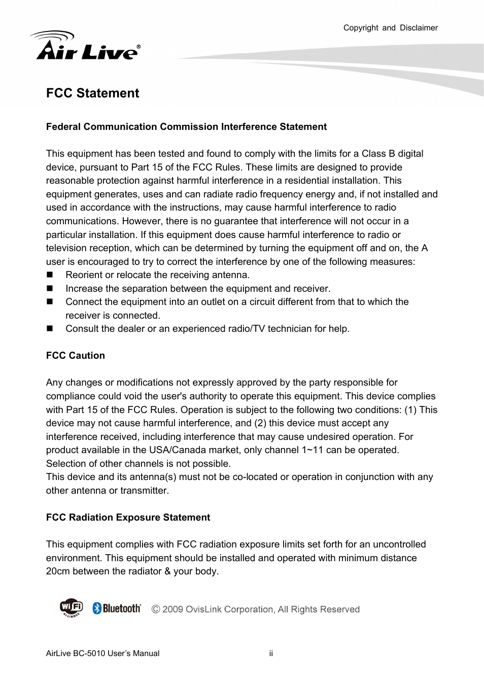 Fcc statement | AirLive BC-5010 User Manual | Page 3 / 82