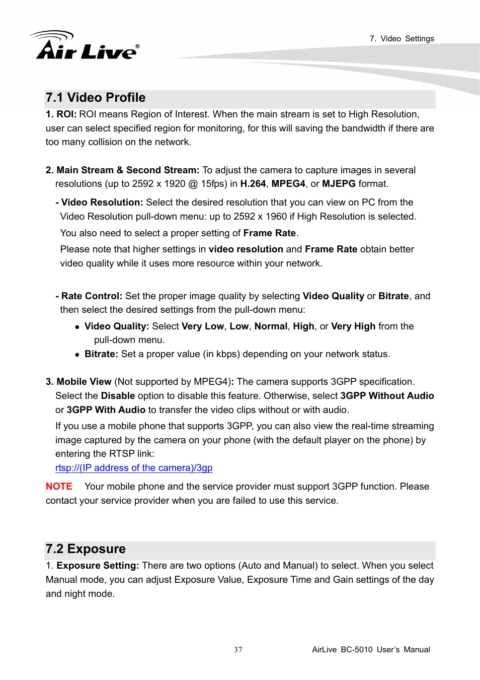 1 video profile, 2 exposure | AirLive BC-5010 User Manual | Page 43 / 82