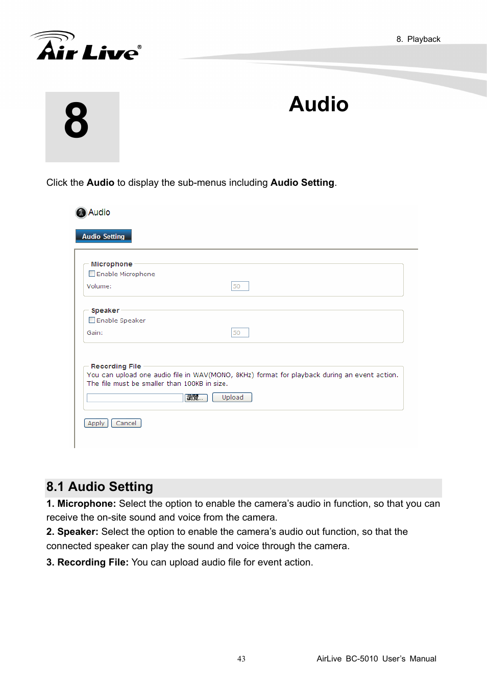 Audio, 1 audio setting | AirLive BC-5010 User Manual | Page 49 / 82