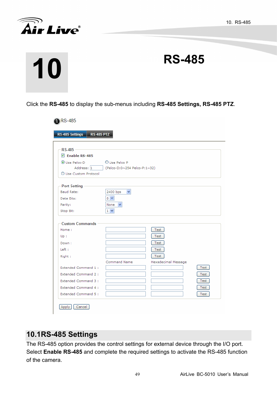 Rs-485, 1 rs-485 settings, 1rs-485 settings | AirLive BC-5010 User Manual | Page 55 / 82