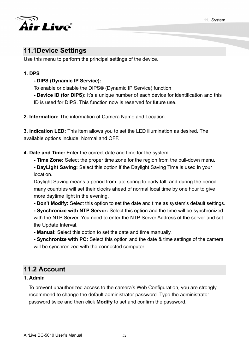 1 device settings, 2 account, 1device settings | AirLive BC-5010 User Manual | Page 58 / 82