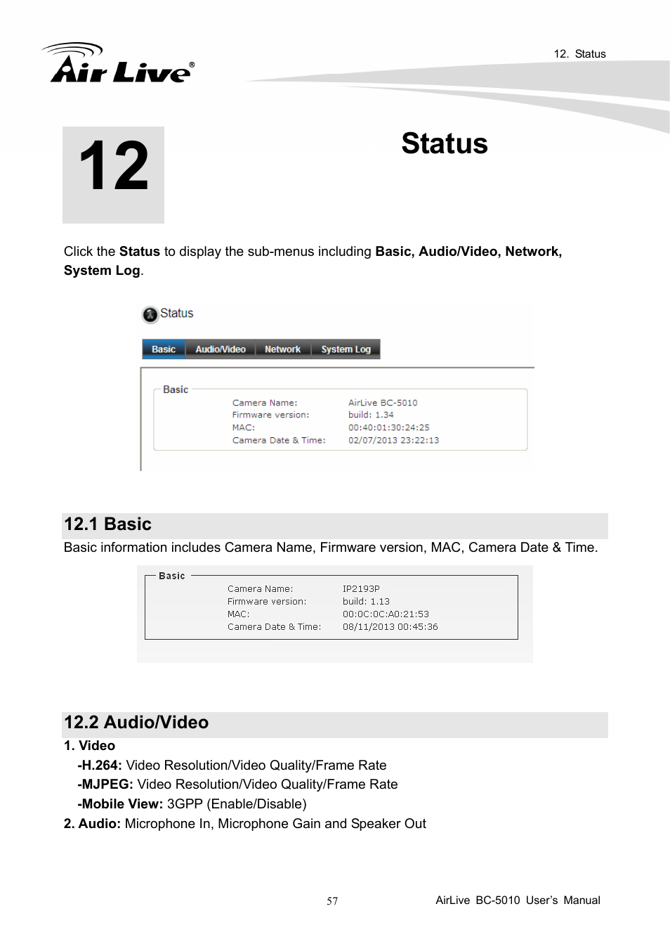 Status, 1 basic, 2 audio/video | AirLive BC-5010 User Manual | Page 63 / 82