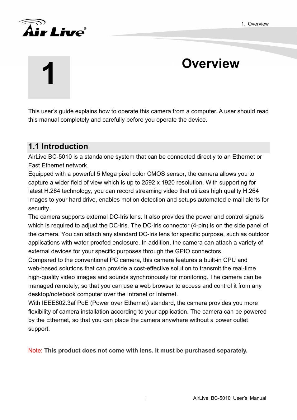 Overview, 1 introduction | AirLive BC-5010 User Manual | Page 7 / 82