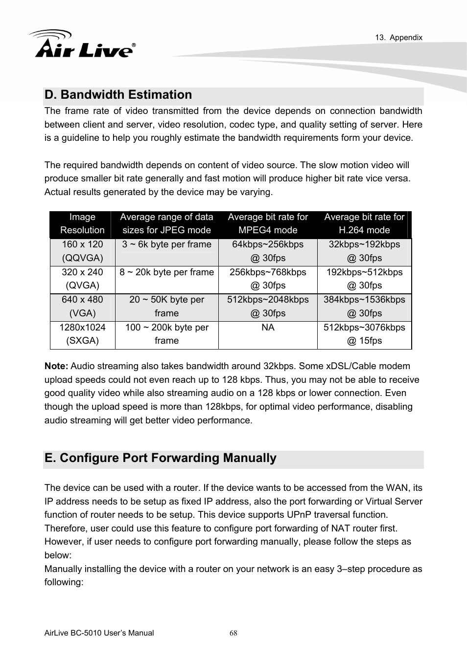 D. bandwidth estimation, E. configure port forwarding manually | AirLive BC-5010 User Manual | Page 74 / 82