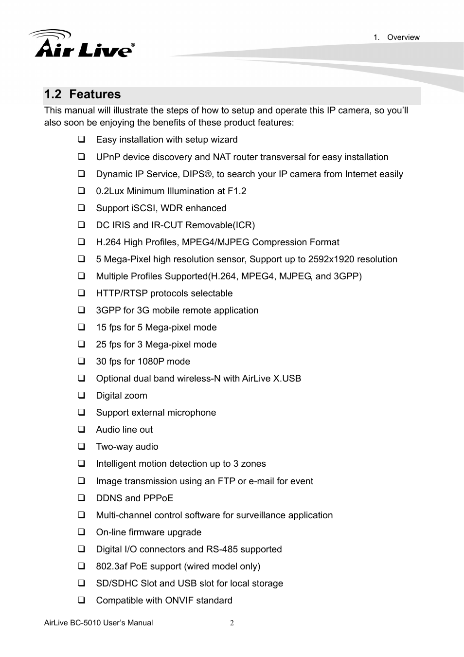 2 features, Features | AirLive BC-5010 User Manual | Page 8 / 82