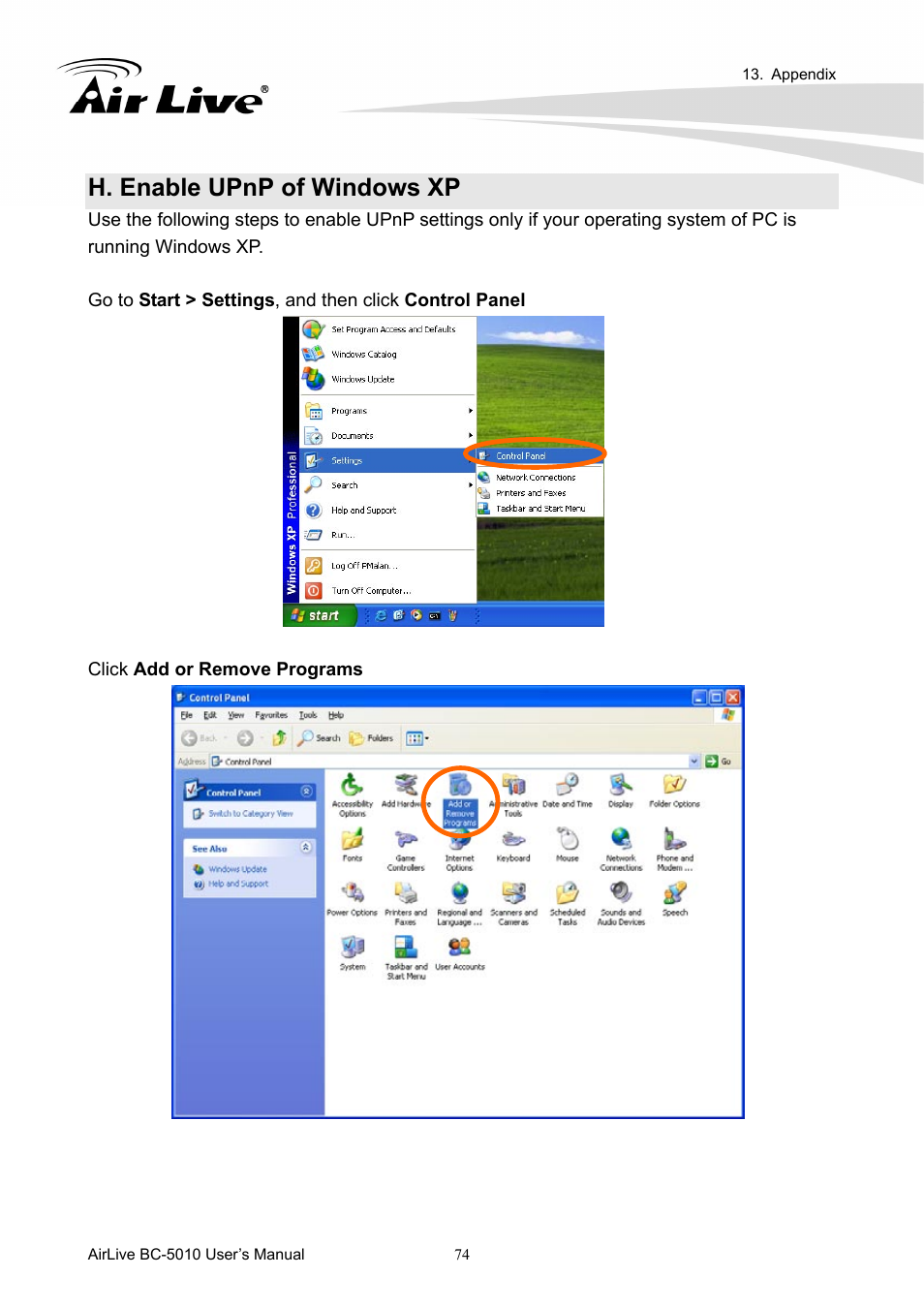 H. enable upnp of windows xp | AirLive BC-5010 User Manual | Page 80 / 82