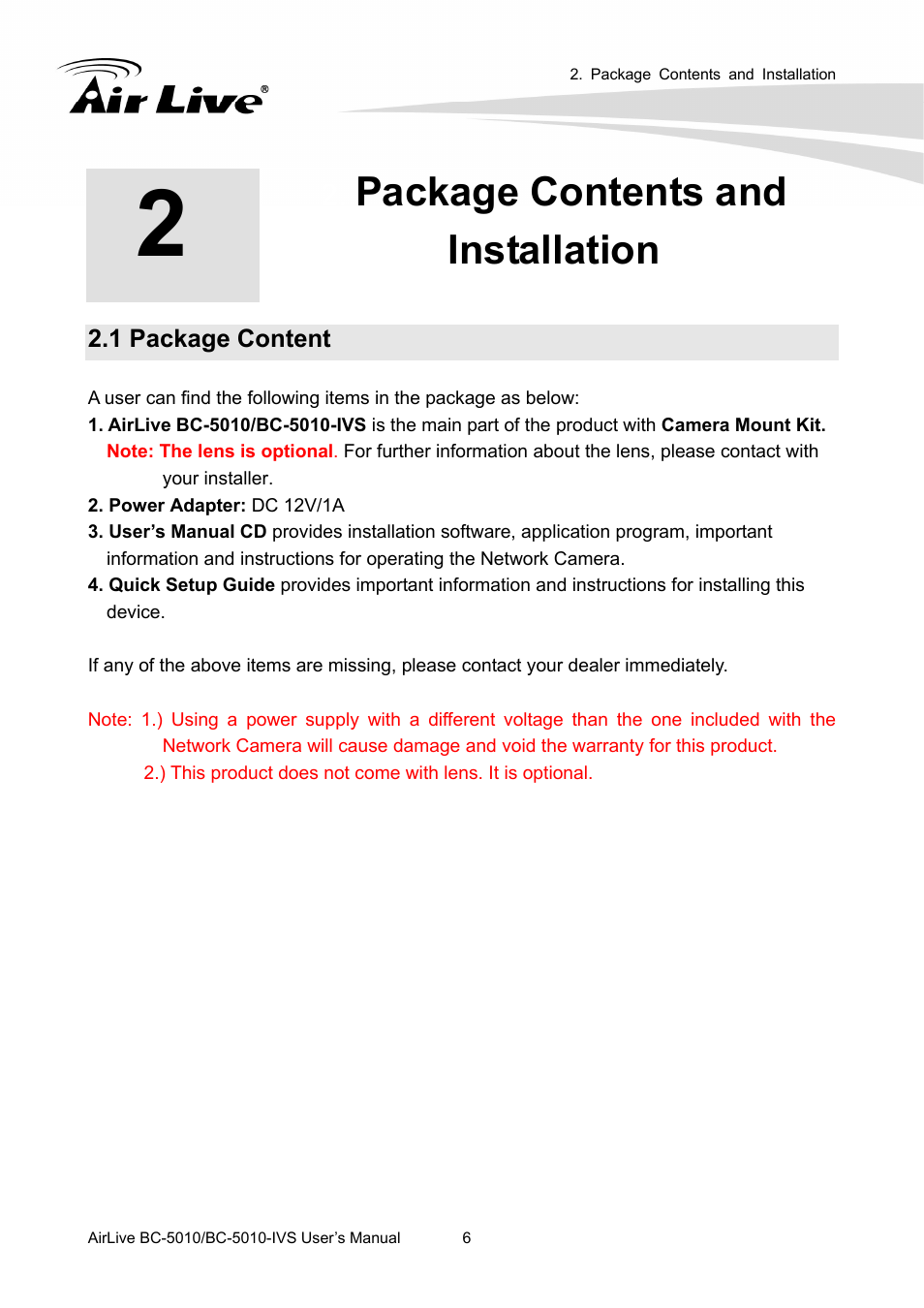 Package contents and installation, 1 package content | AirLive BC-5010-IVS User Manual | Page 11 / 67