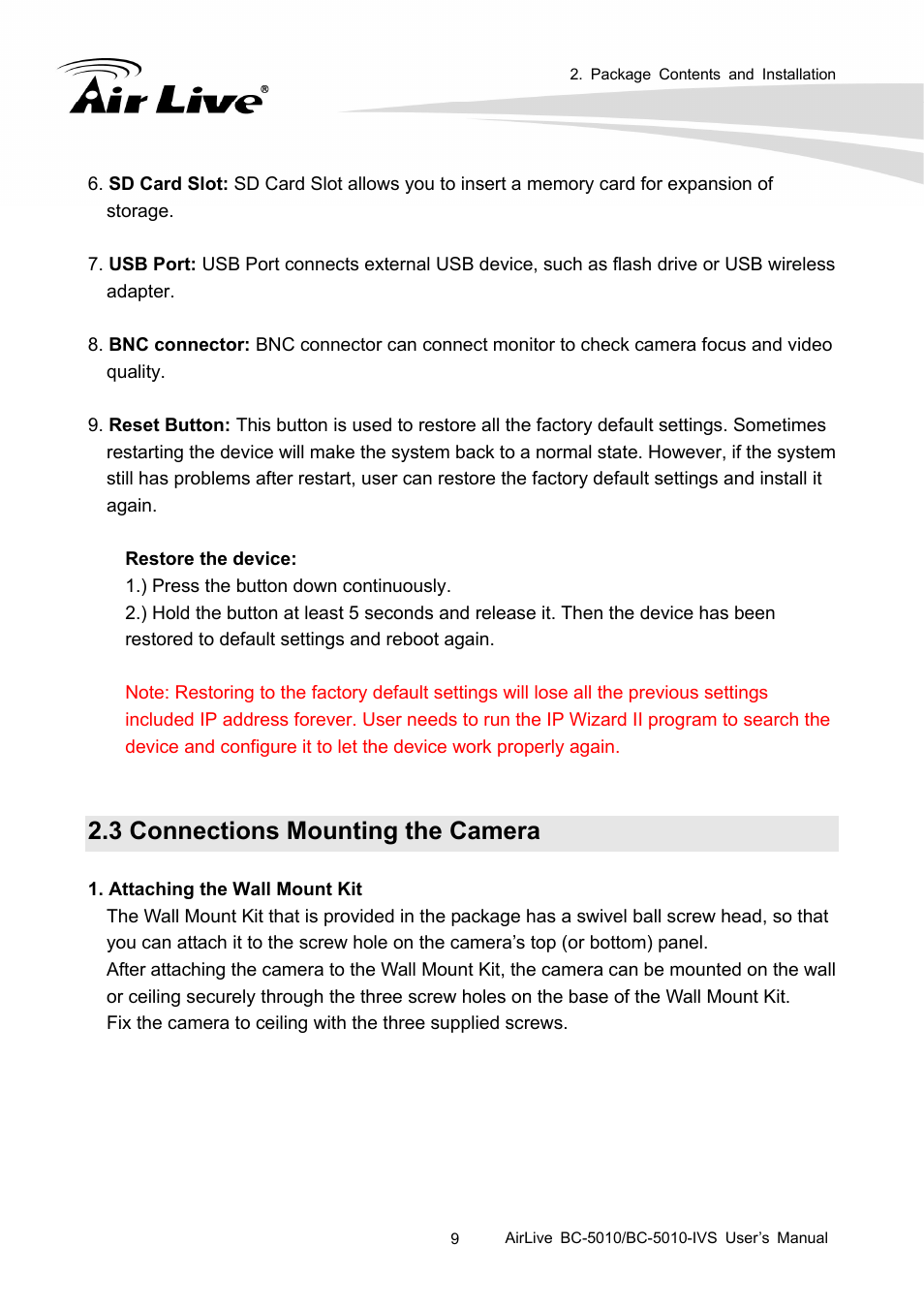3 connections mounting the camera | AirLive BC-5010-IVS User Manual | Page 14 / 67