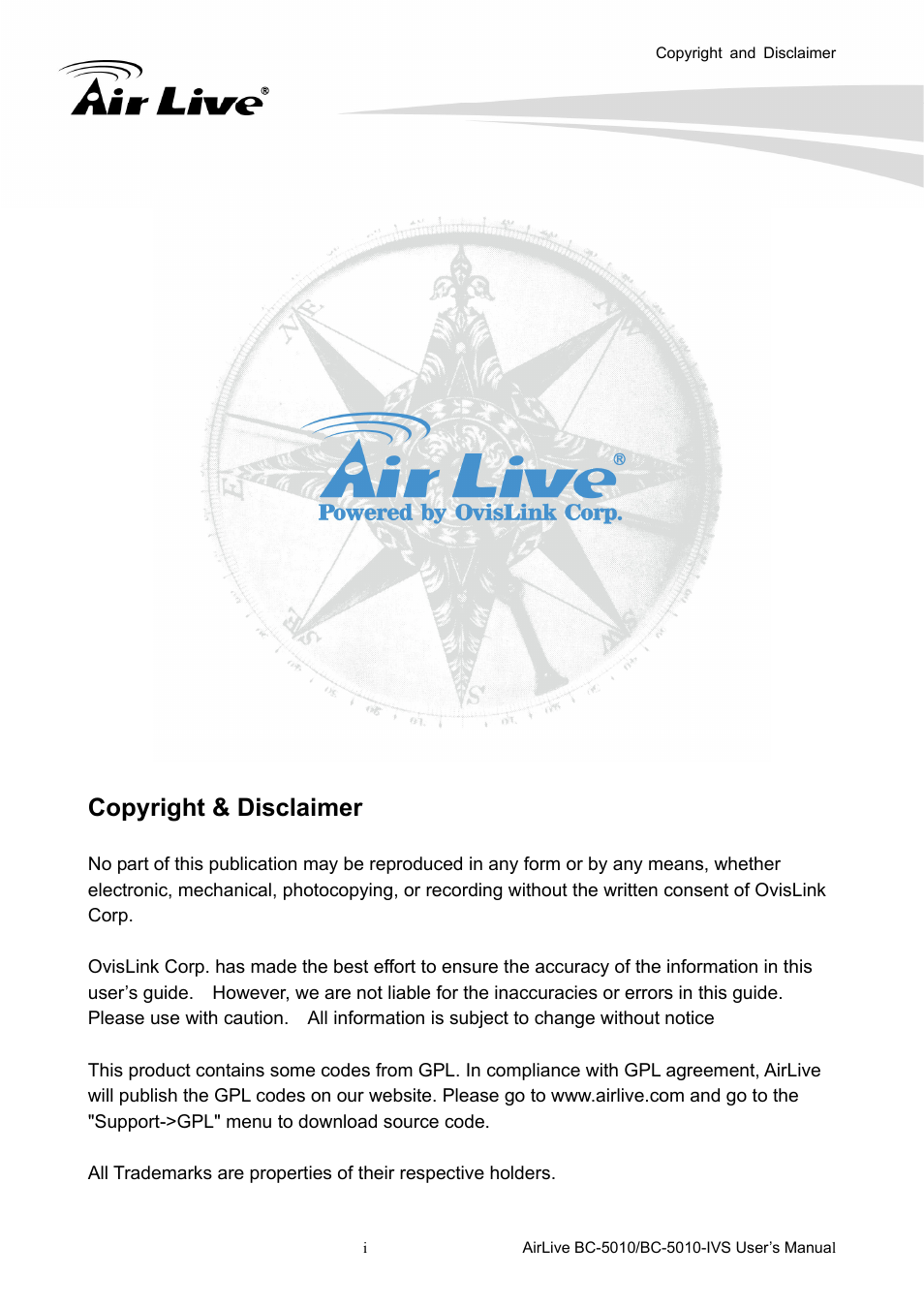Copyright & disclaimer | AirLive BC-5010-IVS User Manual | Page 2 / 67