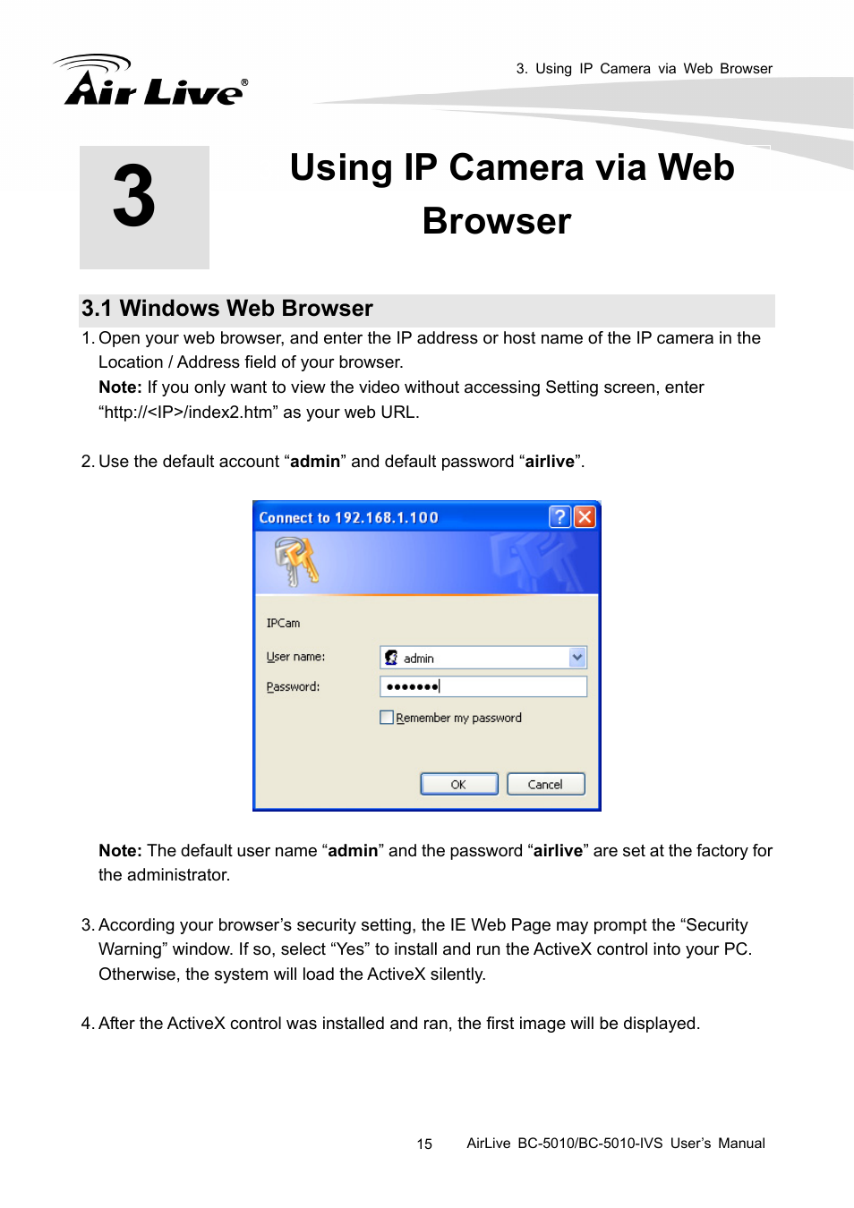 Using ip camera via web browser, 1 windows web browser | AirLive BC-5010-IVS User Manual | Page 20 / 67