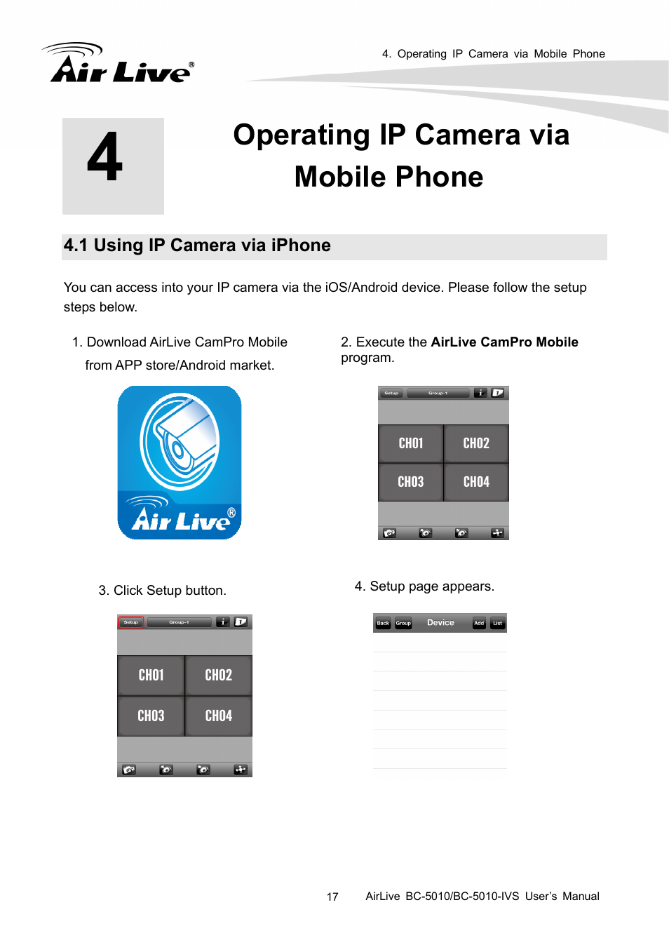 Operating ip camera via mobile phone, 1 using ip camera via iphone | AirLive BC-5010-IVS User Manual | Page 22 / 67