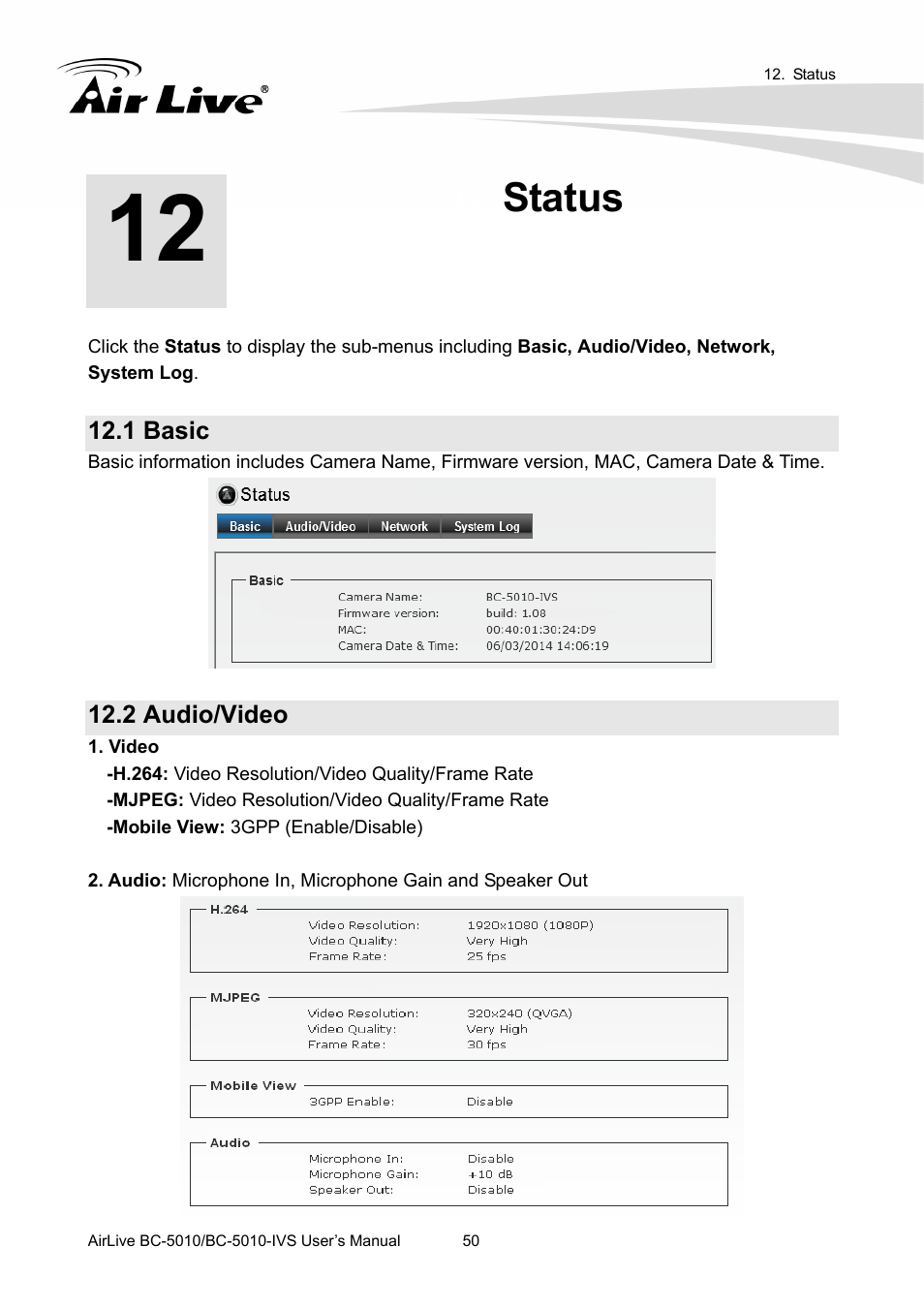 Status, 1 basic, 2 audio/video | AirLive BC-5010-IVS User Manual | Page 55 / 67