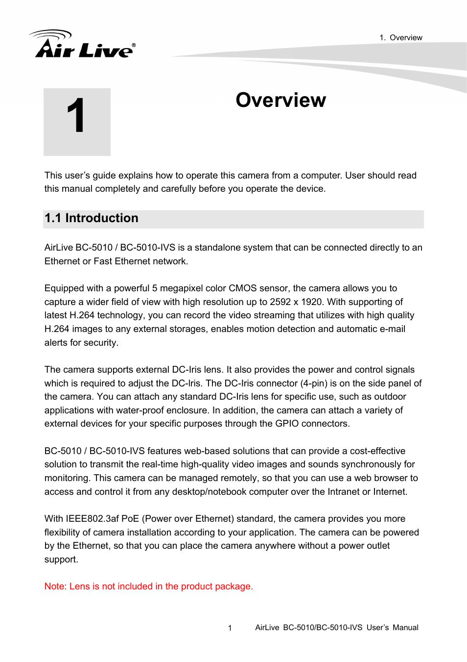 Overview, 1 introduction | AirLive BC-5010-IVS User Manual | Page 6 / 67