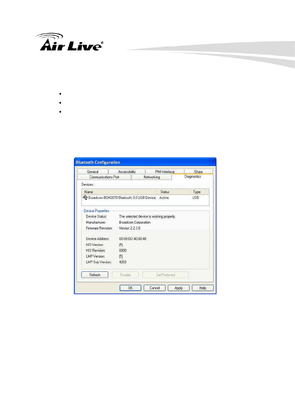 Bluetooth configuration - diagnostics | AirLive BT-302USB User Manual | Page 33 / 52