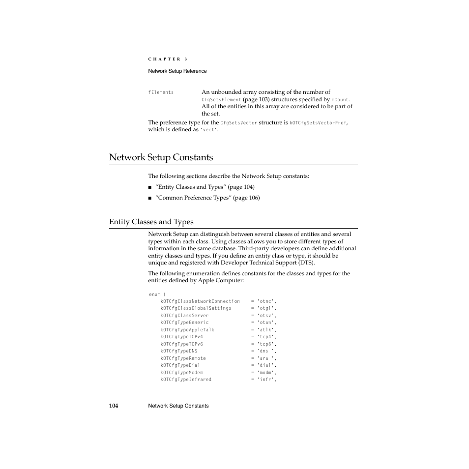 Network setup constants, Entity classes and types, For a list of possible classes, see “entity | For a list of possible types, see “entity, Network setup constants 3, Entity classes and types 3 | Apple Network Setup User Manual | Page 104 / 184
