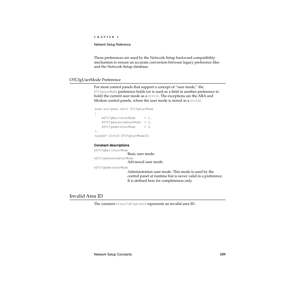 Otcfgusermode preference, Invalid area id, Invalid area id 3 | Apple Network Setup User Manual | Page 109 / 184
