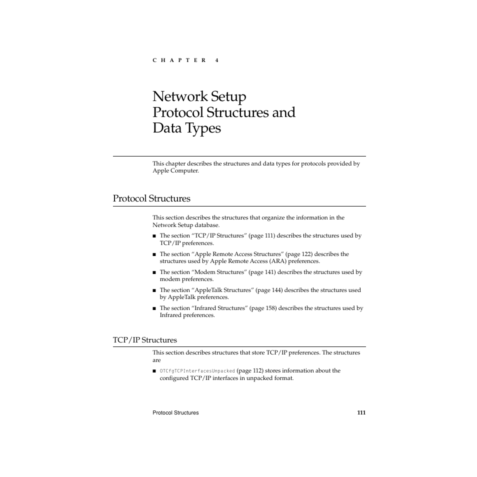 Network setup protocol structures and data types, Protocol structures, Tcp/ip structures | Chapter 4, Network setup protocol structures and data types 4, Protocol structures 4 | Apple Network Setup User Manual | Page 111 / 184