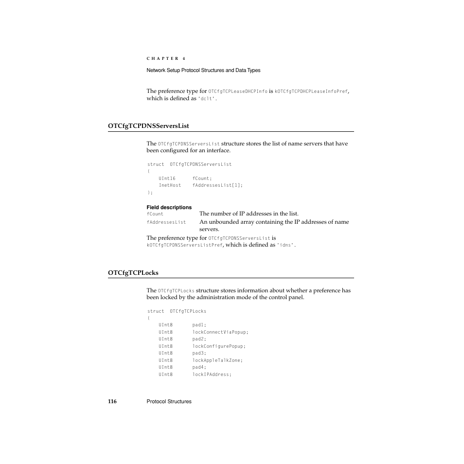 Otcfgtcpdnsserverslist, Otcfgtcplocks, Servers. for details, see | Apple Network Setup User Manual | Page 116 / 184