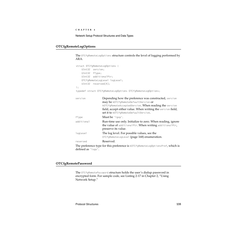 Otcfgremotelogoptions, Otcfgremotepassword, For details, see the sample code below and | For details, see | Apple Network Setup User Manual | Page 135 / 184